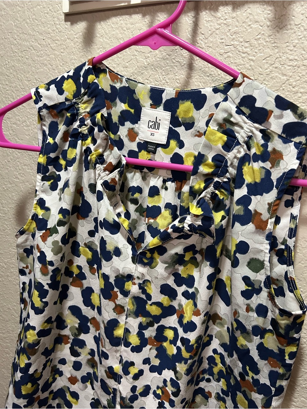 CAbi Sleeveless Ruffle Neck Blouse - White, Navy & Yellow - Picture 2 of 8